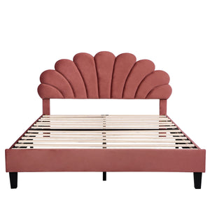 English Elm Queen Upholstered Platform Bed with Floral Velvet Headboard, Sturdy Wood Slats, Modern Comfort Bean paste red WF305291AAH