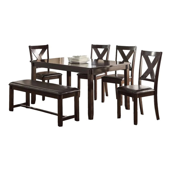 English Elm Dining 6-Piece Casual Modern Table Set with Bench and Cushioned X-Back Chairs, Wood Veneer Finish Espresso 41 L x 11 W x 64 H B011S00404