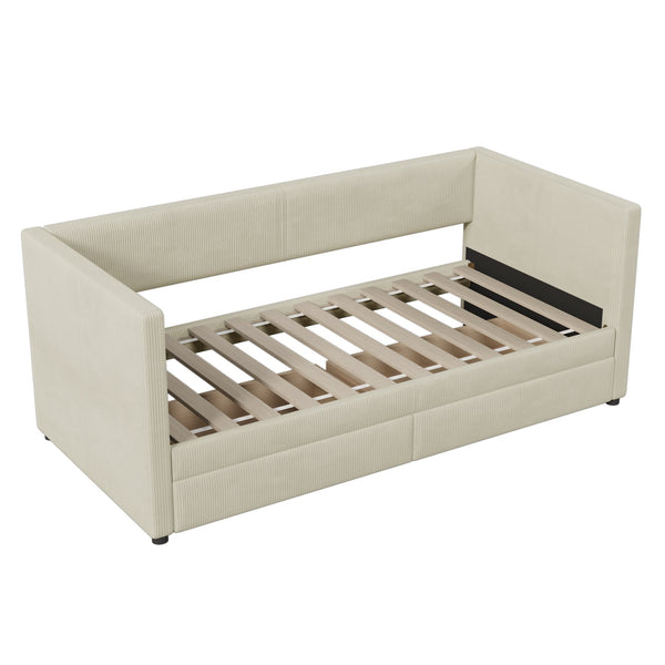 English Elm Twin Corduroy Daybed with Two Storage Drawers, Solid Pine Legs, Wood Slat Support, Durable Design Beige SF000007AAA