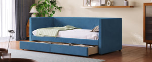 English Elm Twin Corduroy Daybed with Two Storage Drawers, Solid Pine Legs, Wood Slat Support, Durable Design Blue SF000007AAC