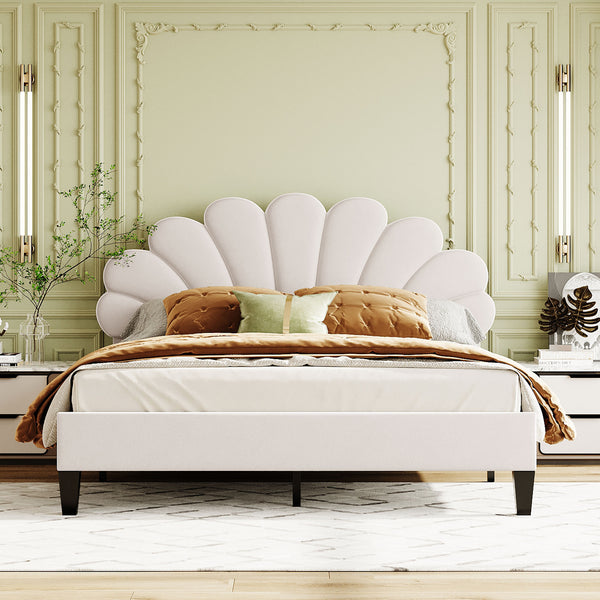 English Elm Queen Upholstered Platform Bed with Floral Velvet Headboard, Sturdy Wood Slats, Modern Comfort Beige WF305291AAA