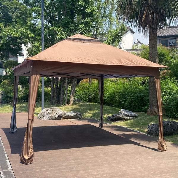 English Elm Outdoor 11x11 Ft Gazebo Canopy with Double-Tier Ventilated Roof, Removable Mesh, Sandbags Brown W419104362