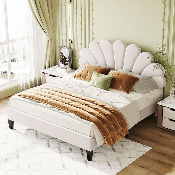 English Elm Queen Upholstered Platform Bed with Floral Velvet Headboard, Sturdy Wood Slats, Modern Comfort Beige WF305291AAA