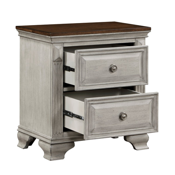 English Elm Traditional Marquette Two-Tone Nightstand with 2 Drawers, Gray-Brown Oak Veneer, Antique Bronze Knobs B011118993