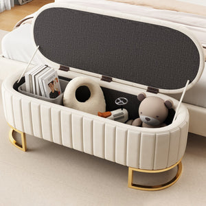 English Elm Elegant Upholstered Velvet Storage Ottoman Bench with Button-Tufted Top, Metal Legs, Spacious Hidden Storage, Modern Seat for Bedroom Living Room Entrance Beige 48.25 L x 16.25 W x 12.5 H N733P208522A