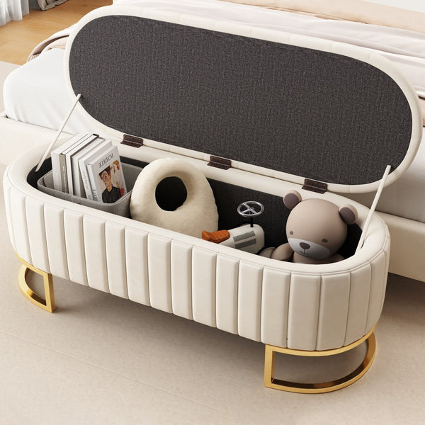 English Elm Elegant Upholstered Velvet Storage Ottoman Bench with Button-Tufted Top, Metal Legs, Spacious Hidden Storage, Modern Seat for Bedroom Living Room Entrance Beige 48.25 L x 16.25 W x 12.5 H N733P208522A