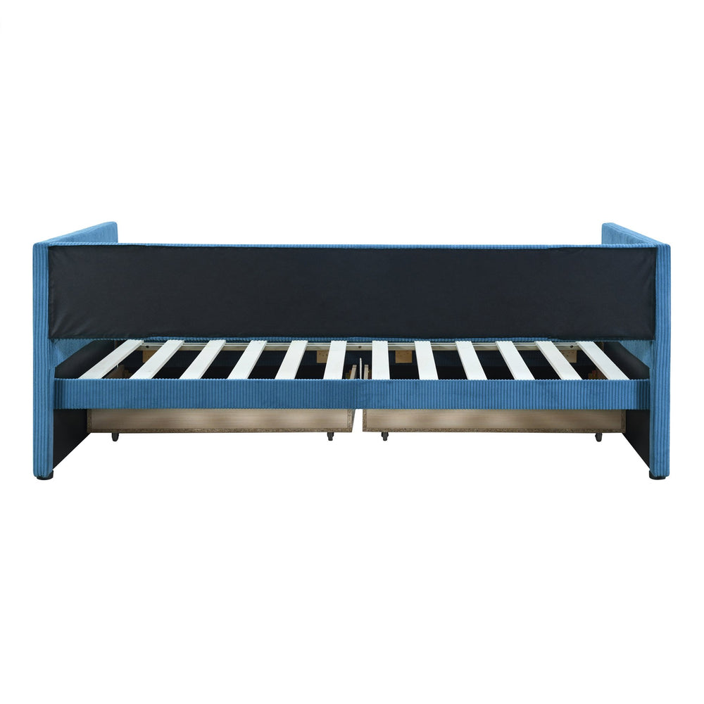 English Elm Twin Corduroy Daybed with Two Storage Drawers, Solid Pine Legs, Wood Slat Support, Durable Design Blue SF000007AAC