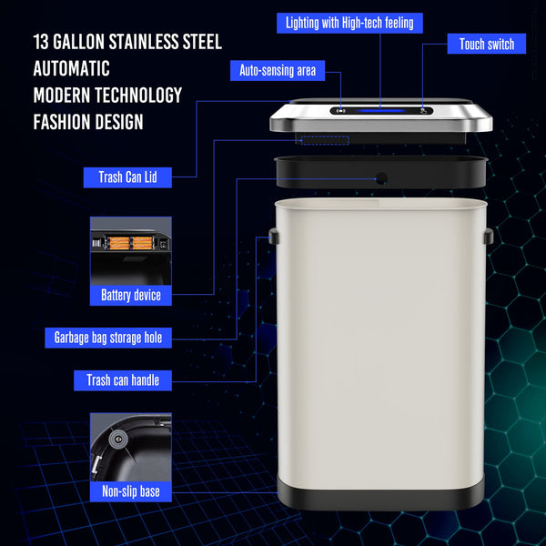 English Elm 50L Motion Sensor Trash Can with Silent Soft-Close Lid, 50L Stainless Steel 13.2Gal Hands-Free Bin White W1550106525