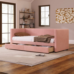 English Elm Twin Corduroy Daybed with Two Storage Drawers, Solid Pine Legs, Wood Slat Support, Durable Design Pink SF000007AAH