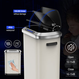 English Elm 50L Motion Sensor Trash Can with Silent Soft-Close Lid, 50L Stainless Steel 13.2Gal Hands-Free Bin White W1550106525