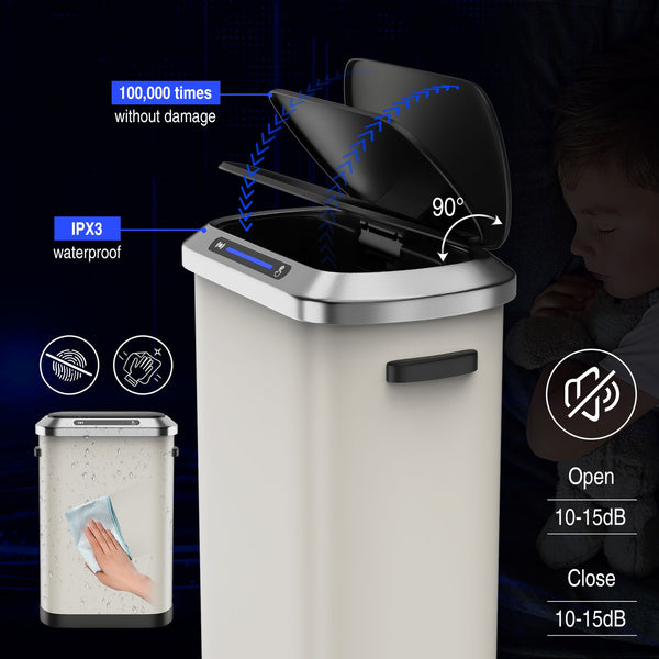 English Elm 50L Motion Sensor Trash Can with Silent Soft-Close Lid, 50L Stainless Steel 13.2Gal Hands-Free Bin White W1550106525