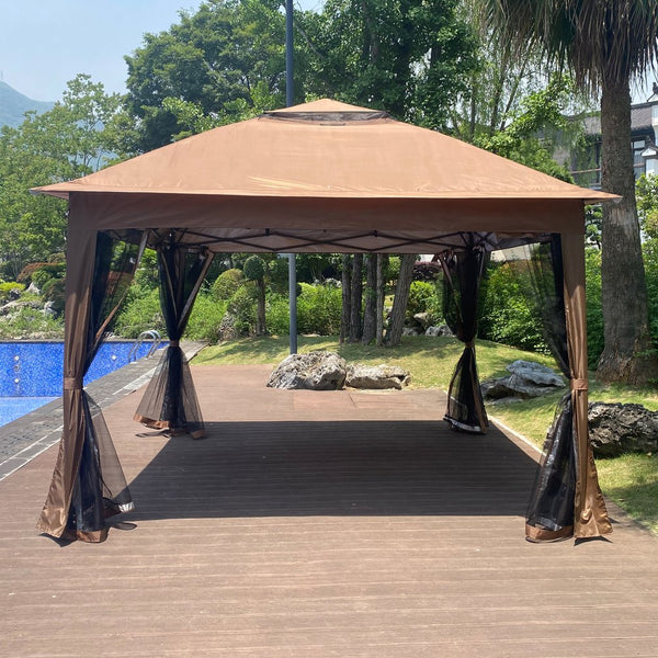 English Elm Outdoor 11x11 Ft Gazebo Canopy with Double-Tier Ventilated Roof, Removable Mesh, Sandbags Brown W419104362
