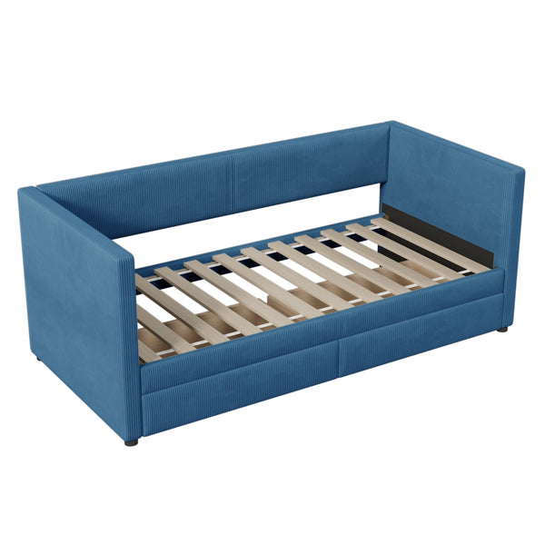 English Elm Twin Corduroy Daybed with Two Storage Drawers, Solid Pine Legs, Wood Slat Support, Durable Design Blue SF000007AAC