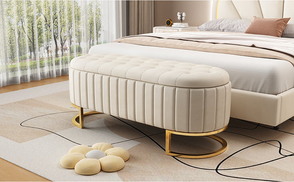 English Elm Elegant Upholstered Velvet Storage Ottoman Bench with Button-Tufted Top, Metal Legs, Spacious Hidden Storage, Modern Seat for Bedroom Living Room Entrance Beige 48.25 L x 16.25 W x 12.5 H N733P208522A