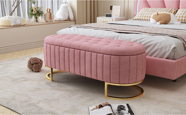 English Elm Elegant Upholstered Velvet Storage Ottoman Bench with Button-Tufted Top, Metal Legs, Spacious Hidden Storage, Modern Seat for Bedroom Living Room Entrance Pink 48.25 L x 16.25 W x 12.5 H N733P208522H