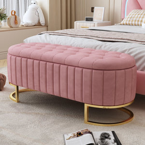 English Elm Elegant Upholstered Velvet Storage Ottoman Bench with Button-Tufted Top, Metal Legs, Spacious Hidden Storage, Modern Seat for Bedroom Living Room Entrance Pink 48.25 L x 16.25 W x 12.5 H N733P208522H