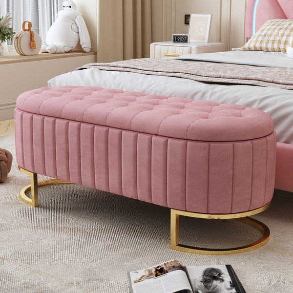 English Elm Elegant Upholstered Velvet Storage Ottoman Bench with Button-Tufted Top, Metal Legs, Spacious Hidden Storage, Modern Seat for Bedroom Living Room Entrance Pink 48.25 L x 16.25 W x 12.5 H N733P208522H