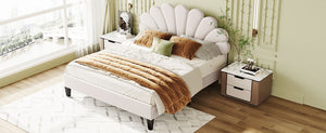 English Elm Queen Upholstered Platform Bed with Floral Velvet Headboard, Sturdy Wood Slats, Modern Comfort Beige WF305291AAA