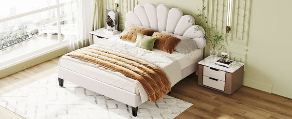English Elm Queen Upholstered Platform Bed with Floral Velvet Headboard, Sturdy Wood Slats, Modern Comfort Beige WF305291AAA