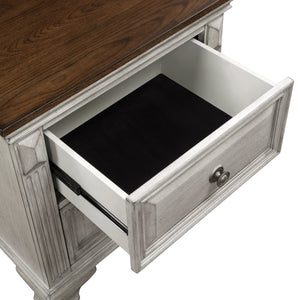 English Elm Traditional Marquette Two-Tone Nightstand with 2 Drawers, Gray-Brown Oak Veneer, Antique Bronze Knobs B011118993