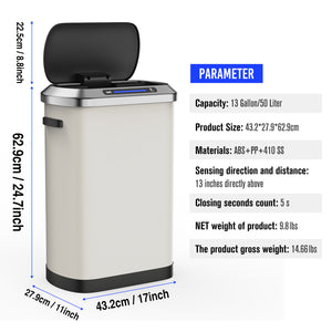 English Elm 50L Motion Sensor Trash Can with Silent Soft-Close Lid, 50L Stainless Steel 13.2Gal Hands-Free Bin White W1550106525
