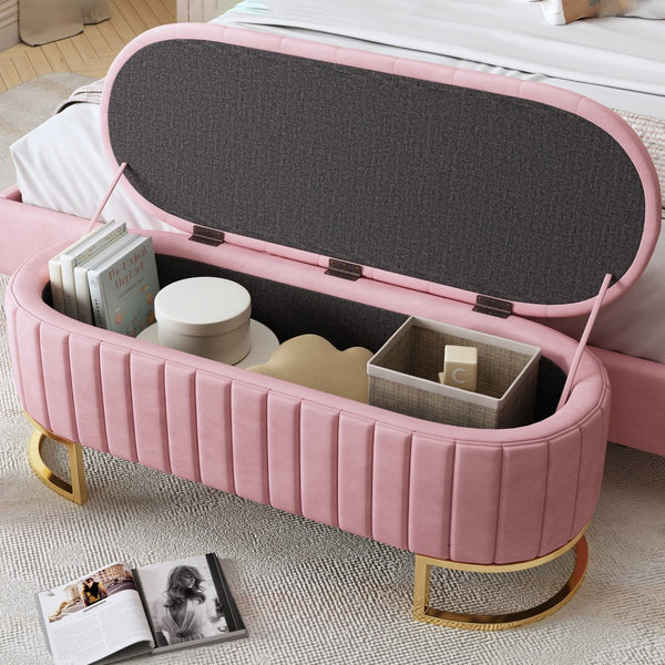English Elm Elegant Upholstered Velvet Storage Ottoman Bench with Button-Tufted Top, Metal Legs, Spacious Hidden Storage, Modern Seat for Bedroom Living Room Entrance Pink 48.25 L x 16.25 W x 12.5 H N733P208522H
