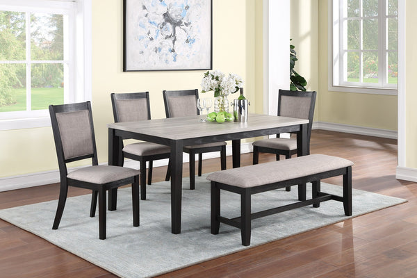 English Elm Contemporary 6pc Dining Set with Bench and 4 Upholstered Side Chairs, Two-Tone Rubberwood Finish B011S00408