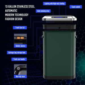 English Elm 50L Motion Sensor Trash Can with Silent Soft-Close Lid, 50L Stainless Steel 13.2Gal Hands-Free Bin Green W1550106526