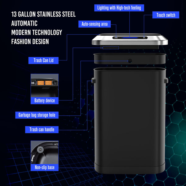 English Elm 50L Motion Sensor Trash Can with Silent Soft-Close Lid, 50L Stainless Steel 13.2Gal Hands-Free Bin Black W1550106524