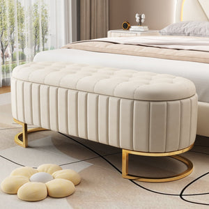 English Elm Elegant Upholstered Velvet Storage Ottoman Bench with Button-Tufted Top, Metal Legs, Spacious Hidden Storage, Modern Seat for Bedroom Living Room Entrance Beige 48.25 L x 16.25 W x 12.5 H N733P208522A