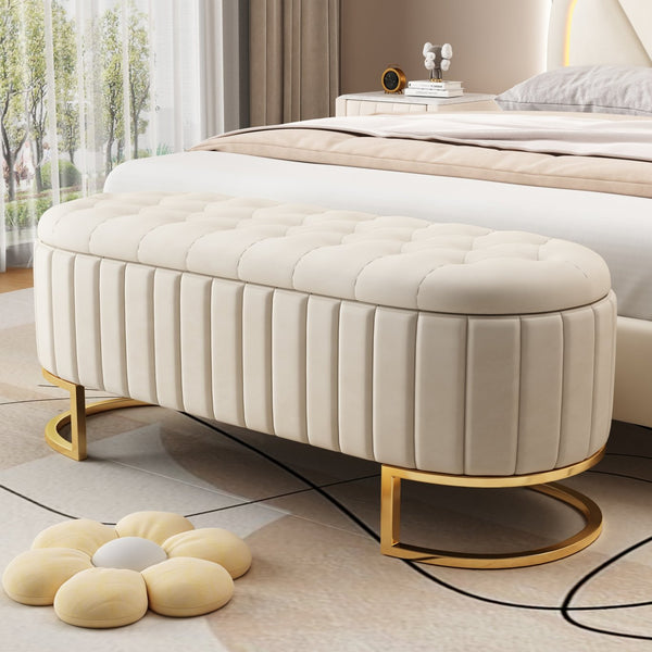 English Elm Elegant Upholstered Velvet Storage Ottoman Bench with Button-Tufted Top, Metal Legs, Spacious Hidden Storage, Modern Seat for Bedroom Living Room Entrance Beige 48.25 L x 16.25 W x 12.5 H N733P208522A