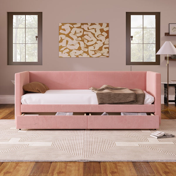 English Elm Twin Corduroy Daybed with Two Storage Drawers, Solid Pine Legs, Wood Slat Support, Durable Design Pink SF000007AAH