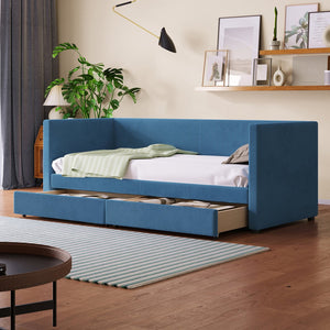 English Elm Twin Corduroy Daybed with Two Storage Drawers, Solid Pine Legs, Wood Slat Support, Durable Design Blue SF000007AAC