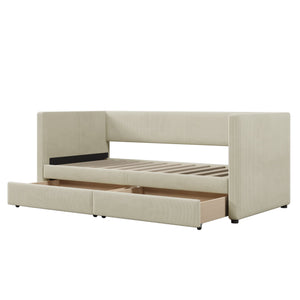 English Elm Twin Corduroy Daybed with Two Storage Drawers, Solid Pine Legs, Wood Slat Support, Durable Design Beige SF000007AAA