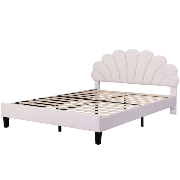 English Elm Queen Upholstered Platform Bed with Floral Velvet Headboard, Sturdy Wood Slats, Modern Comfort Beige WF305291AAA
