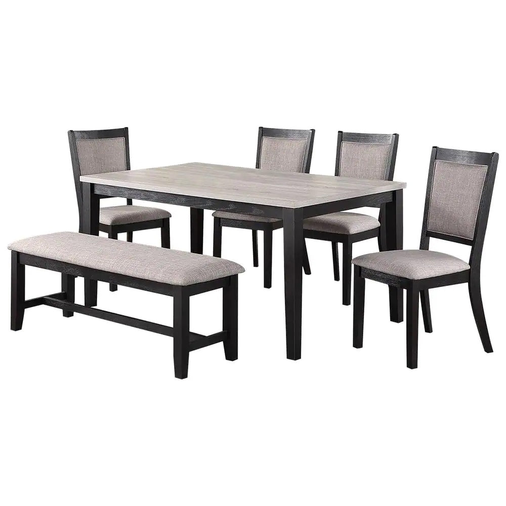 English Elm Contemporary 6pc Dining Set with Bench and 4 Upholstered Side Chairs, Two-Tone Rubberwood Finish B011S00408