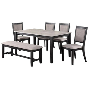 English Elm Contemporary 6pc Dining Set with Bench and 4 Upholstered Side Chairs, Two-Tone Rubberwood Finish B011S00408