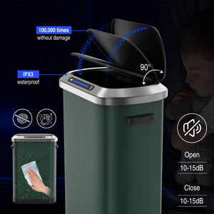 English Elm 50L Motion Sensor Trash Can with Silent Soft-Close Lid, 50L Stainless Steel 13.2Gal Hands-Free Bin Green W1550106526