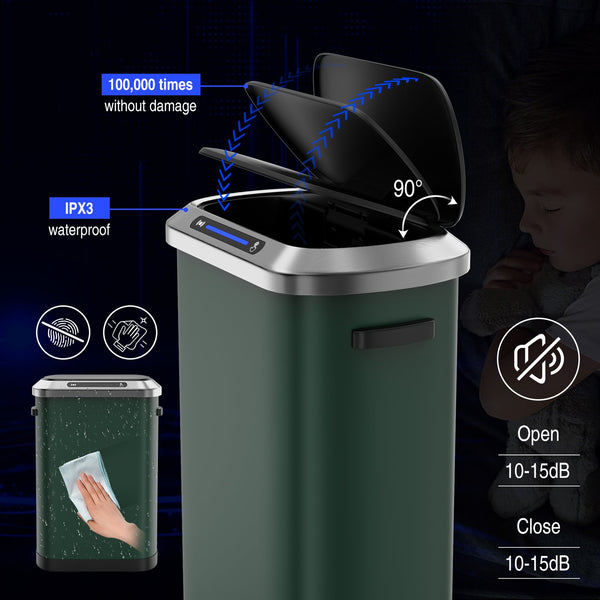 English Elm 50L Motion Sensor Trash Can with Silent Soft-Close Lid, 50L Stainless Steel 13.2Gal Hands-Free Bin Green W1550106526