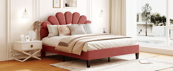 English Elm Queen Upholstered Platform Bed with Floral Velvet Headboard, Sturdy Wood Slats, Modern Comfort Bean paste red WF305291AAH