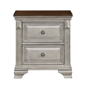English Elm Traditional Marquette Two-Tone Nightstand with 2 Drawers, Gray-Brown Oak Veneer, Antique Bronze Knobs B011118993