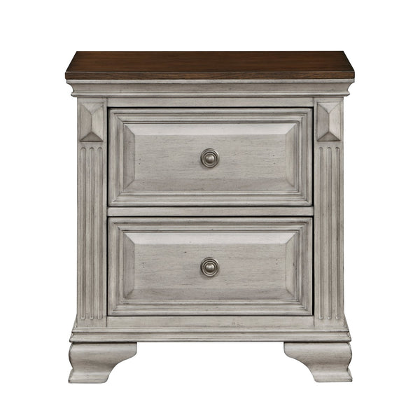 English Elm Traditional Marquette Two-Tone Nightstand with 2 Drawers, Gray-Brown Oak Veneer, Antique Bronze Knobs B011118993