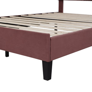 English Elm Queen Upholstered Platform Bed with Floral Velvet Headboard, Sturdy Wood Slats, Modern Comfort Bean paste red WF305291AAH