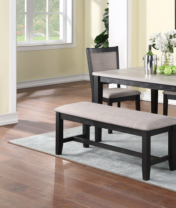English Elm Contemporary 6pc Dining Set with Bench and 4 Upholstered Side Chairs, Two-Tone Rubberwood Finish B011S00408