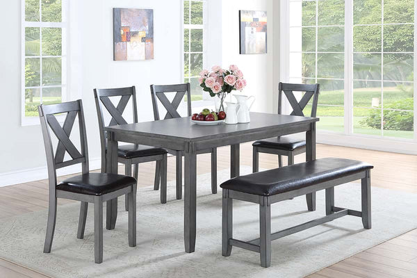 English Elm Dining 6-Piece Casual Modern Table Set with Bench and Cushioned X-Back Chairs, Wood Veneer Finish Grey 40 L x 12 W x 64 H B011S00405