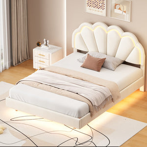 English Elm Full Upholstered Smart Led Bed Frame With Elegant Flowers Headboard,Floating Velvet Platform Led Bed With Wooden Slats Support,Beige