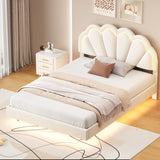 English Elm Full Upholstered Smart Led Bed Frame With Elegant Flowers Headboard,Floating Velvet Platform Led Bed With Wooden Slats Support,Beige