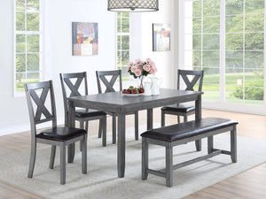 English Elm Dining 6-Piece Casual Modern Table Set with Bench and Cushioned X-Back Chairs, Wood Veneer Finish Grey 40 L x 12 W x 64 H B011S00405