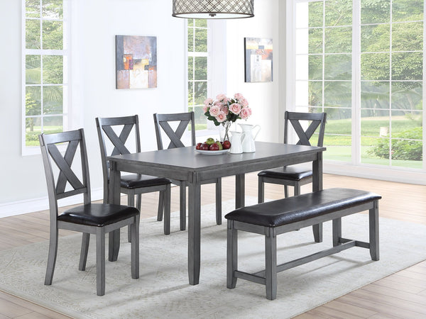 English Elm Dining 6-Piece Casual Modern Table Set with Bench and Cushioned X-Back Chairs, Wood Veneer Finish Grey 40 L x 12 W x 64 H B011S00405