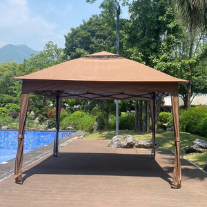 English Elm Outdoor 11x11 Ft Gazebo Canopy with Double-Tier Ventilated Roof, Removable Mesh, Sandbags Brown W419104362